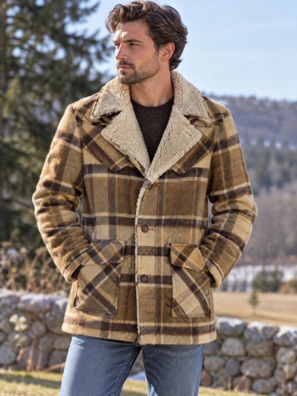Vintage Woolrich Wool Plaid Sherpa Lined Coat Jacket Men’s Size 42\ L Brown Tan